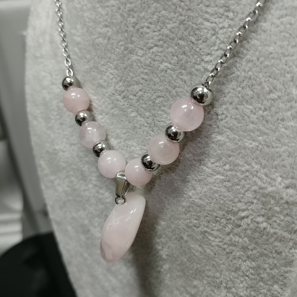 Rose Quartz Necklace Natural Gemstone Crystal Pendant Stainless-Steel Chain - Picture 13 of 16